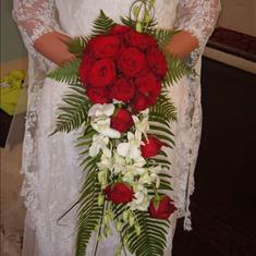 Red rose and orchid cascading Bridal bouquet 